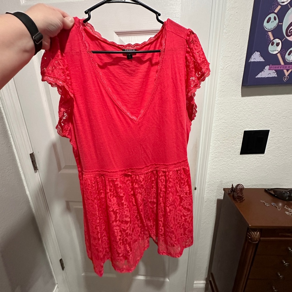 Lace Trimmed Red Top
